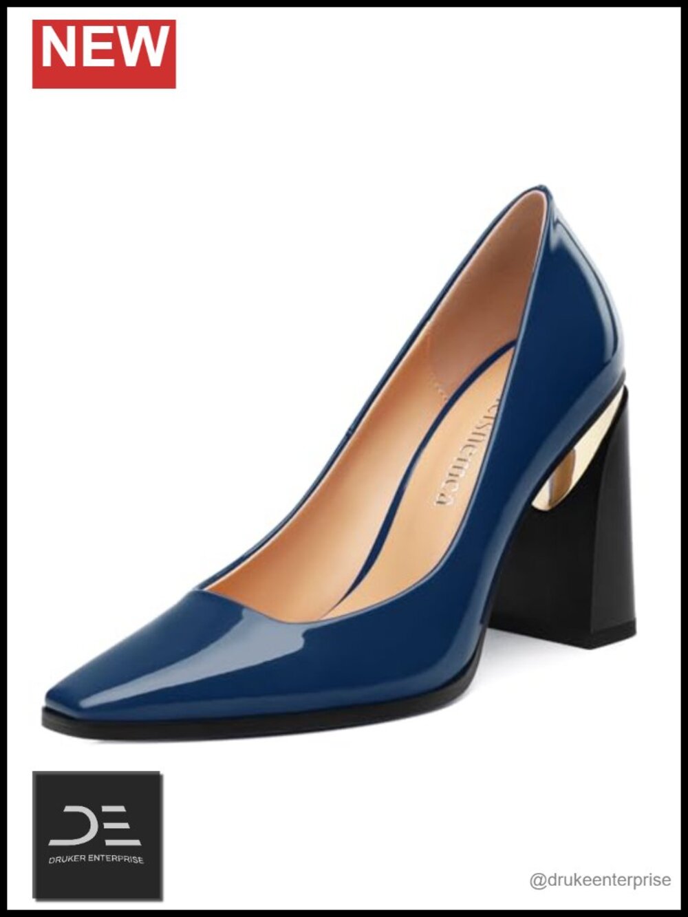Women's Chunky Block Heel Pumps - Patent Square Toe Slip On Dress Shoes 3.5IN